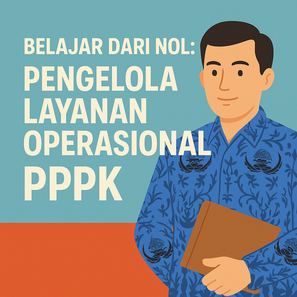 Ilustrasi digital bergaya flat menunjukkan seorang pria mengenakan seragam KORPRI memegang map cokelat, dengan latar belakang biru dan oranye, serta tulisan